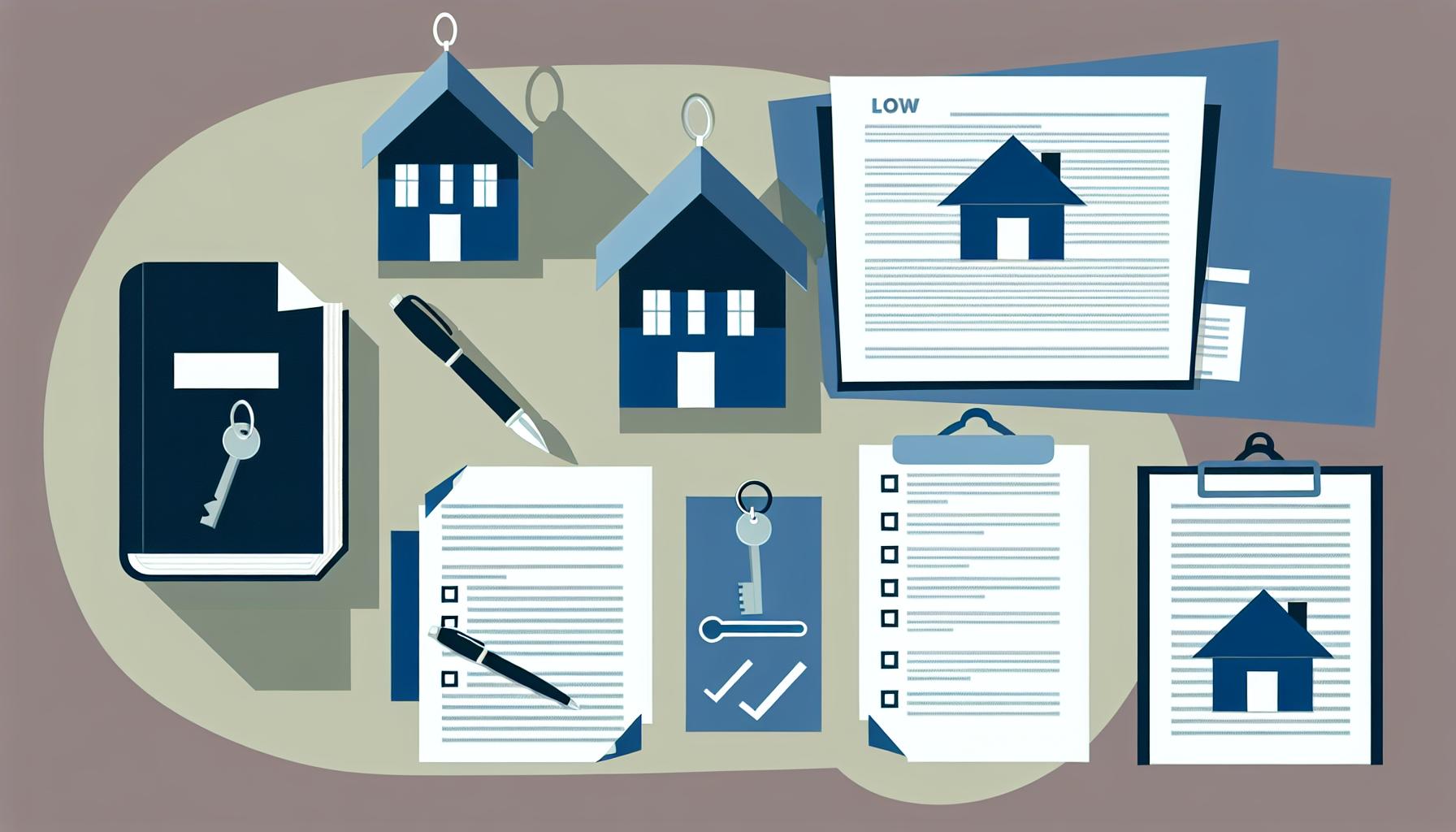 Illustration of legal documents, house icons, key, and pen representing estate planning and intestacy laws for inheritance navigation.